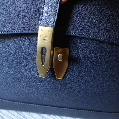 Rare Celine Vintage Dark Blue Gold Turn lock Top Handle Shoulder Flap Bag