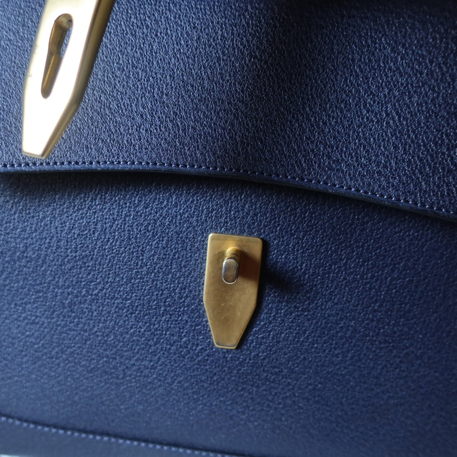 Rare Celine Vintage Dark Blue Gold Turn lock Top Handle Shoulder Flap Bag