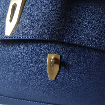 Rare Celine Vintage Dark Blue Gold Turn lock Top Handle Shoulder Flap Bag