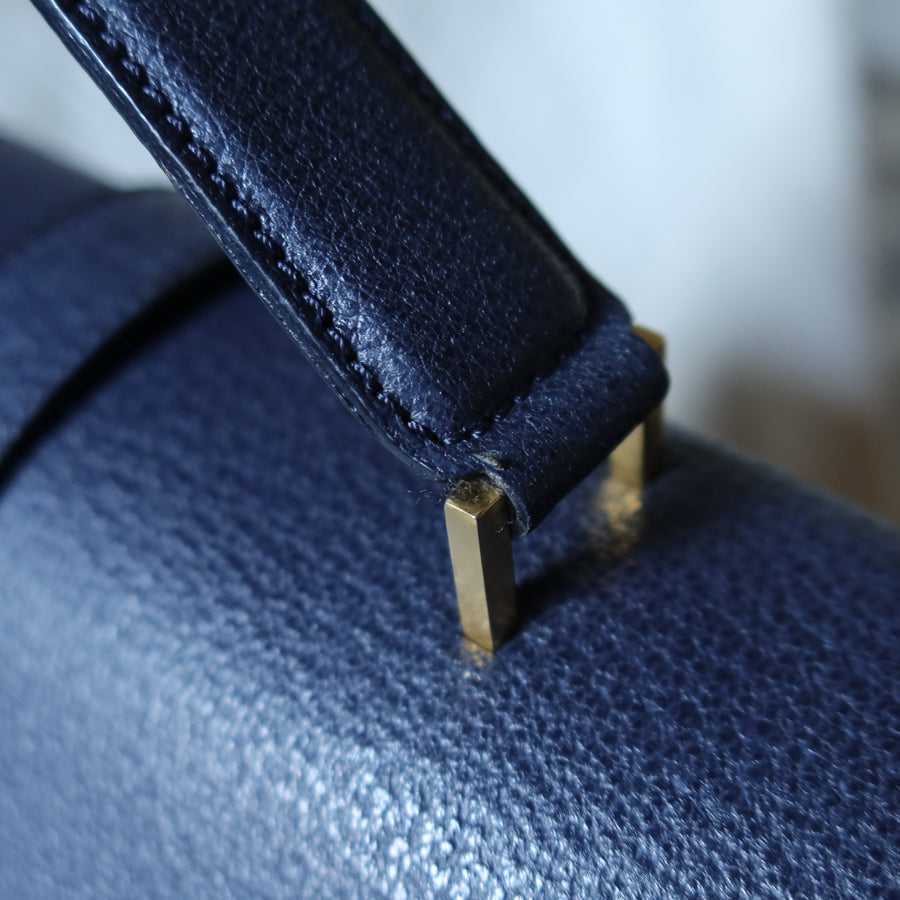 Rare Celine Vintage Dark Blue Gold Turn lock Top Handle Shoulder Flap Bag