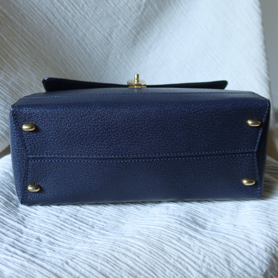 Rare Celine Vintage Dark Blue Gold Turn lock Top Handle Shoulder Flap Bag