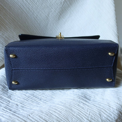 Rare Celine Vintage Dark Blue Gold Turn lock Top Handle Shoulder Flap Bag