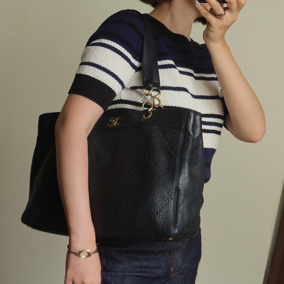 Chanel Vintage Black Diamond Stitched CC mark Large Shoulder Tote Bag