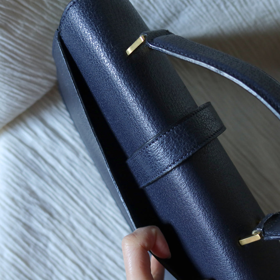 Rare Celine Vintage Dark Blue Gold Turn lock Top Handle Shoulder Flap Bag