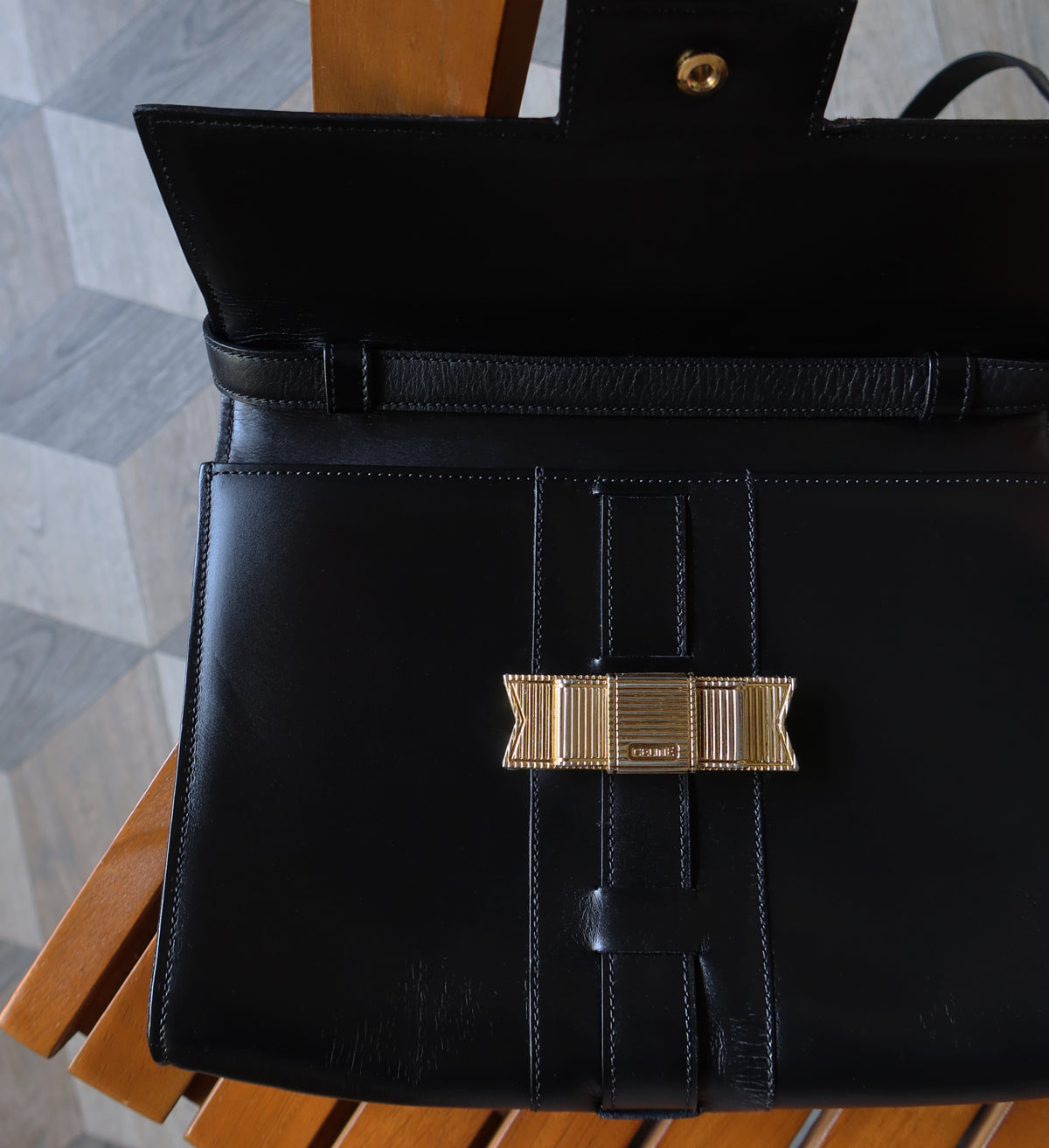 Celine Vintage Black Ribbon Gold Metal Fittings Crossbody Bag
