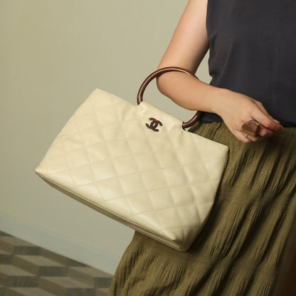 Chanel Vintage Quilted Beige Caviar Leather CC mark Top Handle Weekend Bag