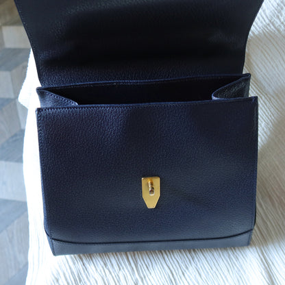 Rare Celine Vintage Dark Blue Gold Turn lock Top Handle Shoulder Flap Bag