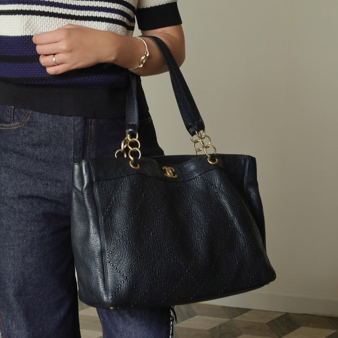 Chanel Vintage Black Diamond Stitched CC mark Large Shoulder Tote Bag