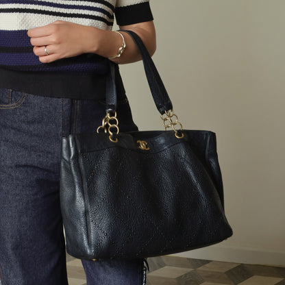Chanel Vintage Black Diamond Stitched CC mark Large Shoulder Tote Bag