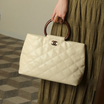 Chanel Vintage Quilted Beige Caviar Leather CC mark Top Handle Weekend Bag
