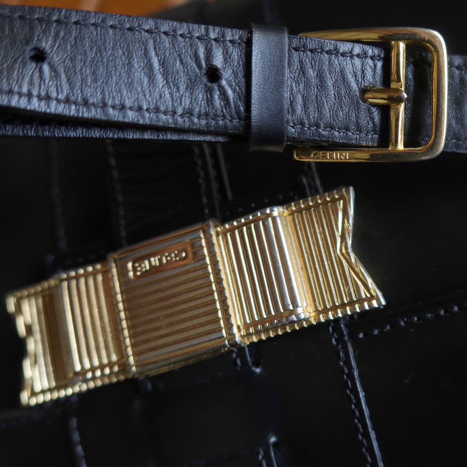 Celine Vintage Black Ribbon Gold Metal Fittings Crossbody Bag