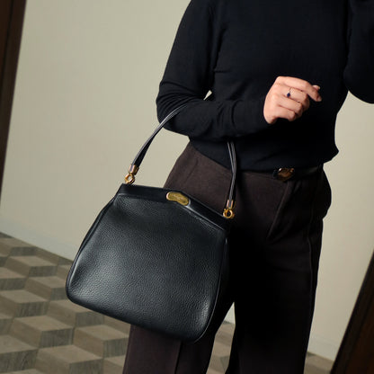 Rare Christian Dior Vintage Black Grained Leather Gold Turn lock 2way Shoulder Bag