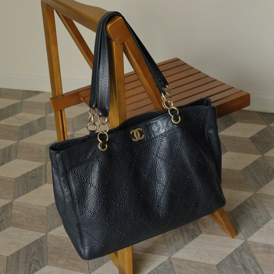 Chanel Vintage Black Diamond Stitched CC mark Large Shoulder Tote Bag