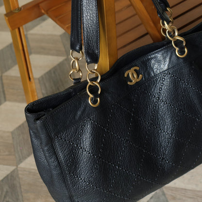 Chanel Vintage Black Diamond Stitched CC mark Large Shoulder Tote Bag
