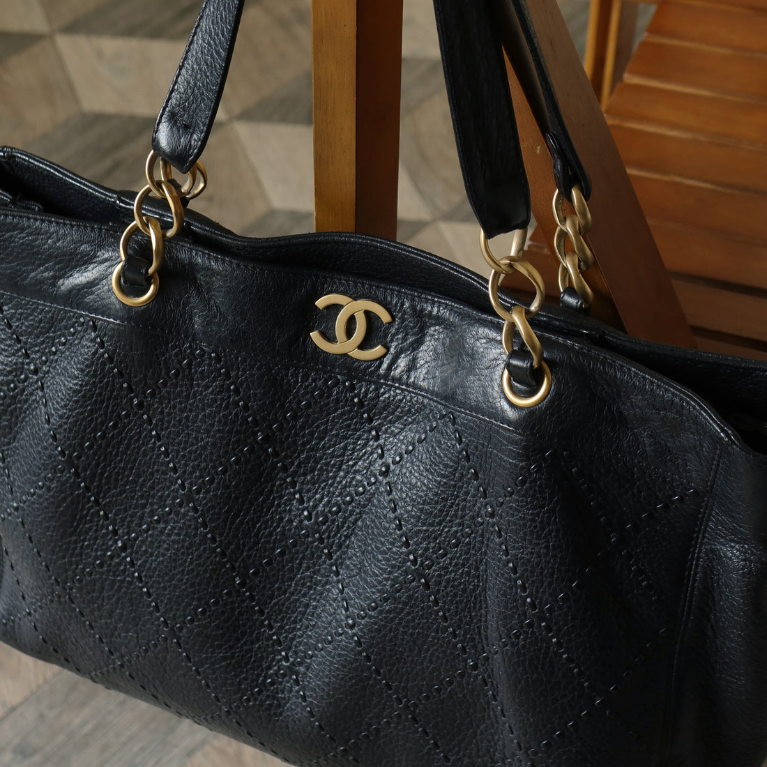 Chanel Vintage Black Diamond Stitched CC mark Large Shoulder Tote Bag