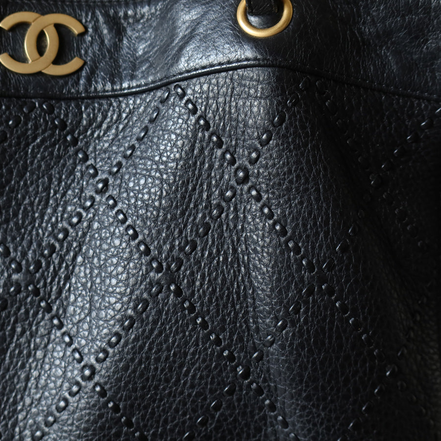 Chanel Vintage Black Diamond Stitched CC mark Large Shoulder Tote Bag