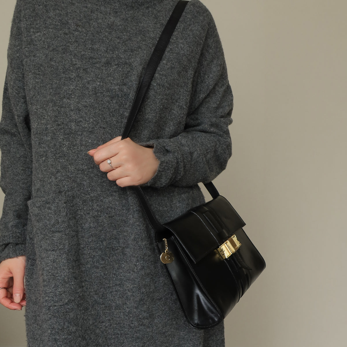 Celine Vintage Black Ribbon Gold Metal Fittings Crossbody Bag