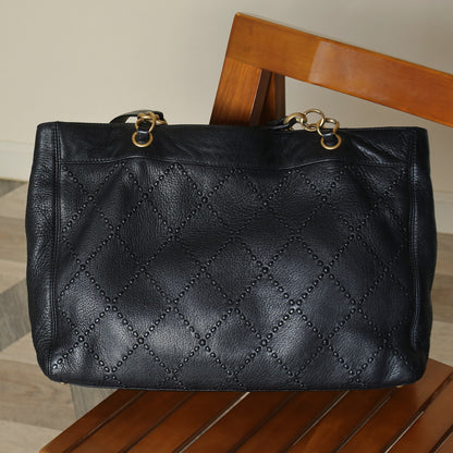 Chanel Vintage Black Diamond Stitched CC mark Large Shoulder Tote Bag