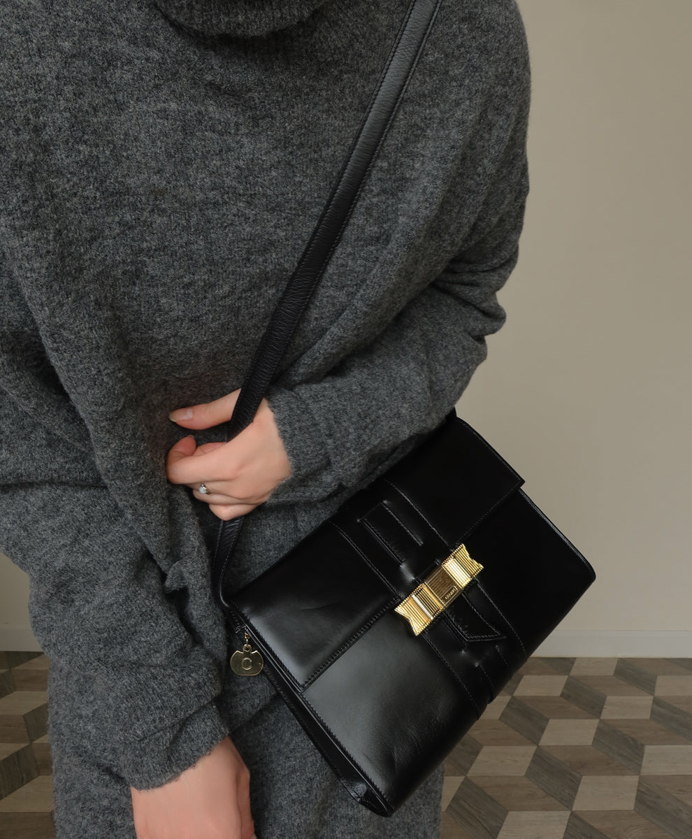Celine Vintage Black Ribbon Gold Metal Fittings Crossbody Bag