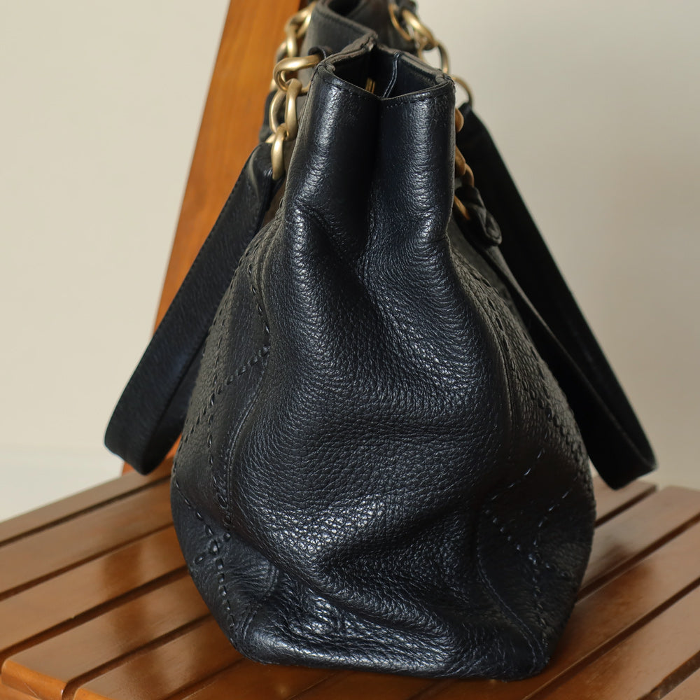 Chanel Vintage Black Diamond Stitched CC mark Large Shoulder Tote Bag