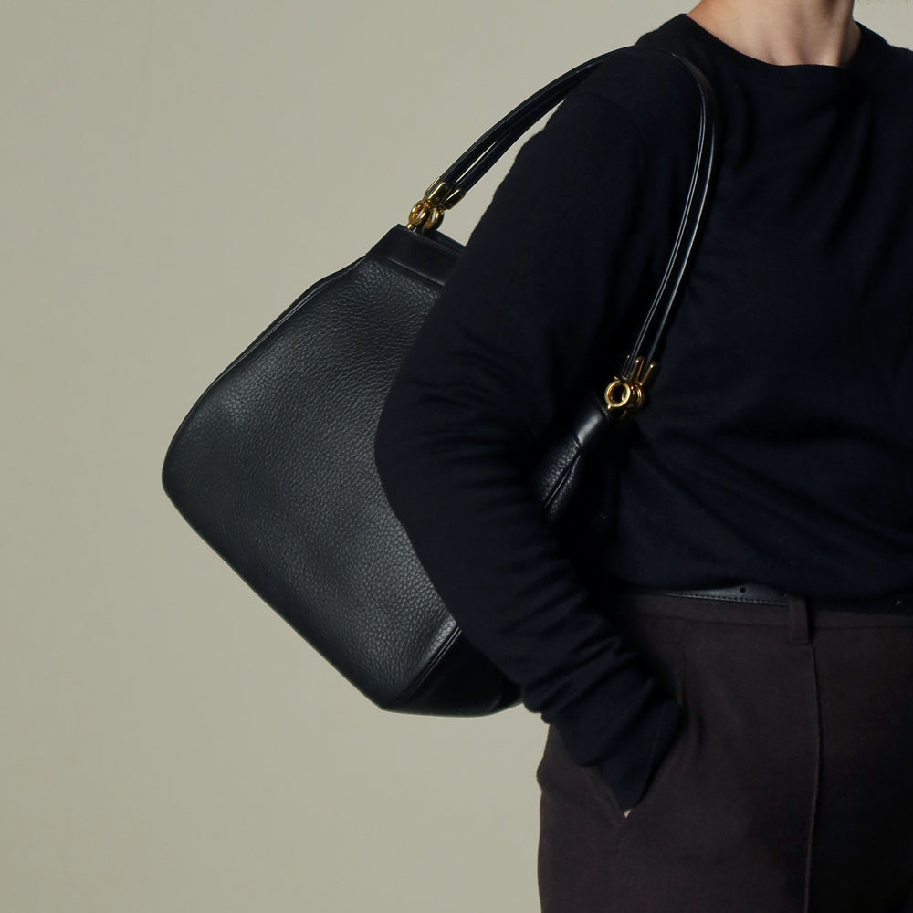 Rare Christian Dior Vintage Black Grained Leather Gold Turn lock 2way Shoulder Bag