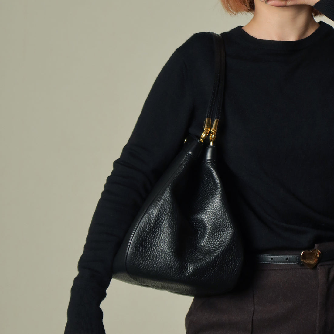 Rare Christian Dior Vintage Black Grained Leather Gold Turn lock 2way Shoulder Bag