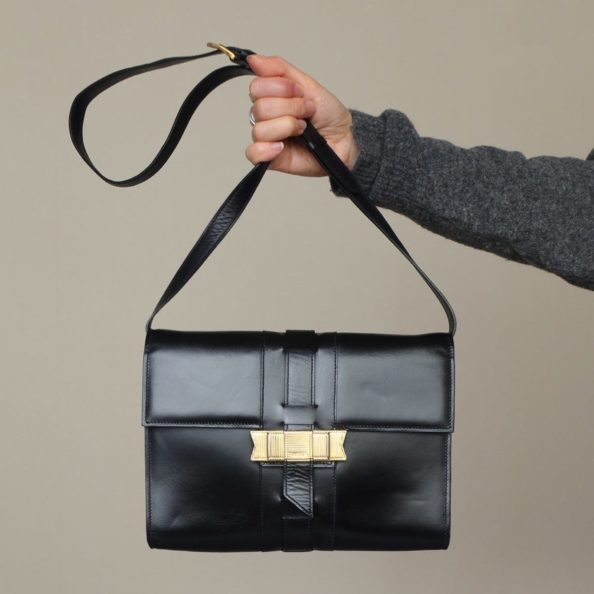 Celine Vintage Black Ribbon Gold Metal Fittings Crossbody Bag