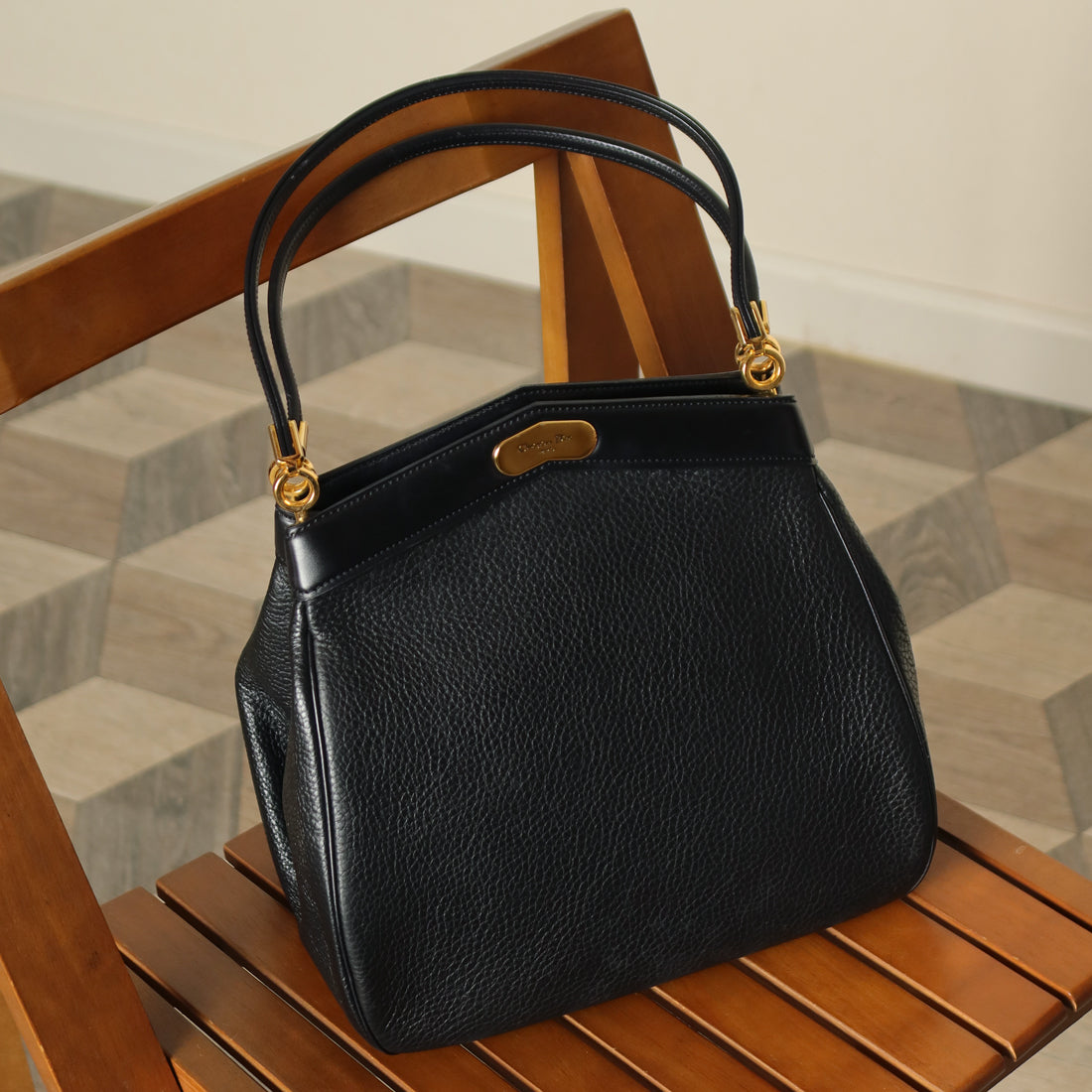 Rare Christian Dior Vintage Black Grained Leather Gold Turn lock 2way Shoulder Bag