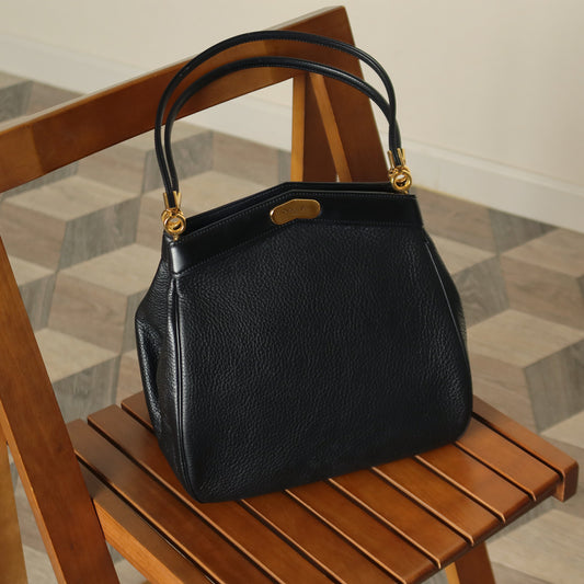 Rare Christian Dior Vintage Black Grained Leather Gold Turn lock 2way Shoulder Bag