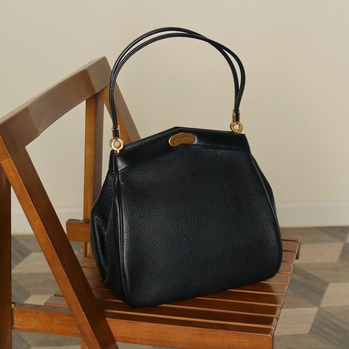 Rare Christian Dior Vintage Black Grained Leather Gold Turn lock 2way Shoulder Bag