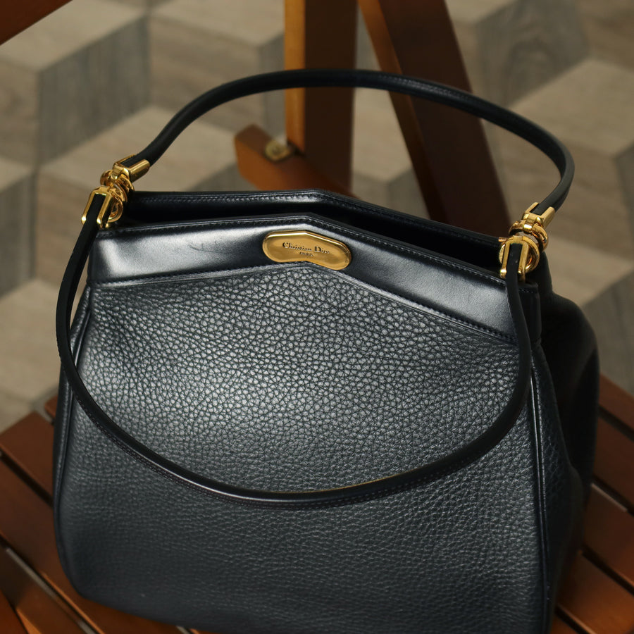 Rare Christian Dior Vintage Black Grained Leather Gold Turn lock 2way Shoulder Bag