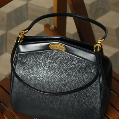 Rare Christian Dior Vintage Black Grained Leather Gold Turn lock 2way Shoulder Bag