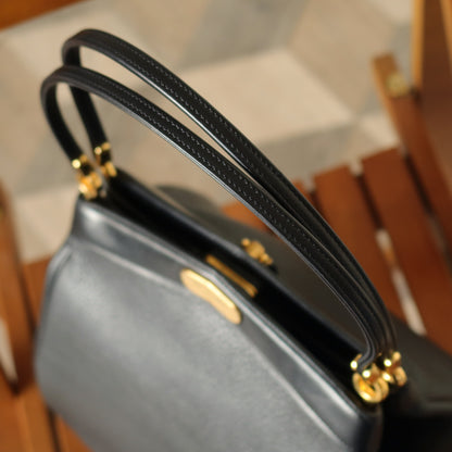 Rare Christian Dior Vintage Black Grained Leather Gold Turn lock 2way Shoulder Bag