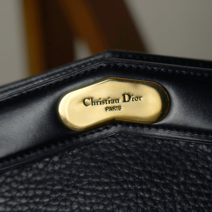 Rare Christian Dior Vintage Black Grained Leather Gold Turn lock 2way Shoulder Bag
