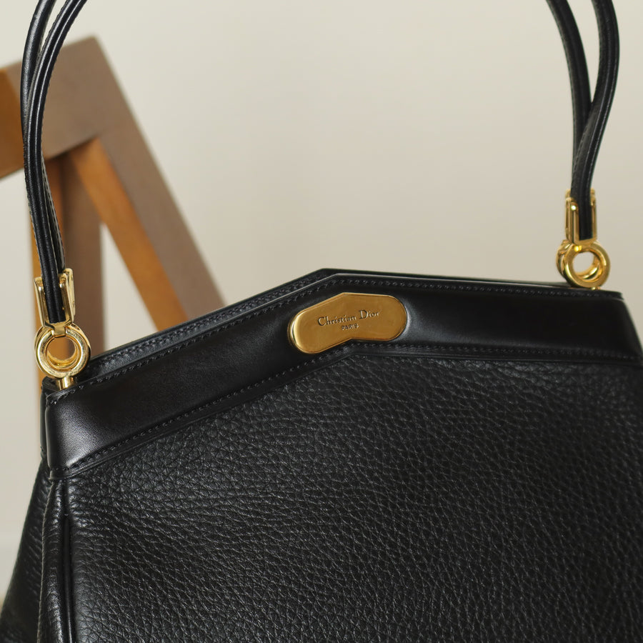 Rare Christian Dior Vintage Black Grained Leather Gold Turn lock 2way Shoulder Bag
