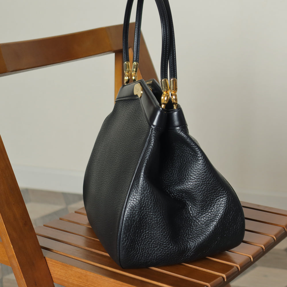 Rare Christian Dior Vintage Black Grained Leather Gold Turn lock 2way Shoulder Bag
