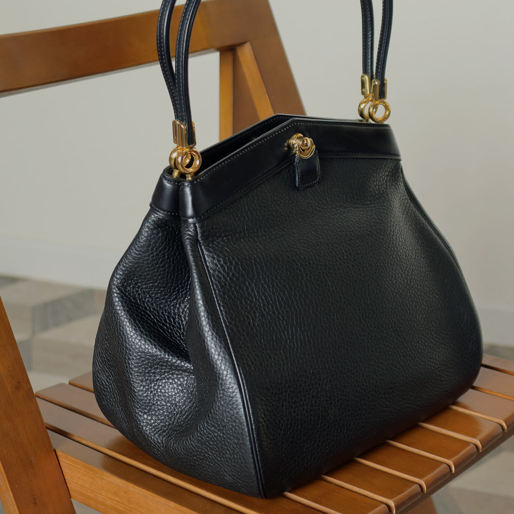 Rare Christian Dior Vintage Black Grained Leather Gold Turn lock 2way Shoulder Bag