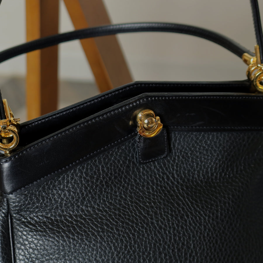 Rare Christian Dior Vintage Black Grained Leather Gold Turn lock 2way Shoulder Bag