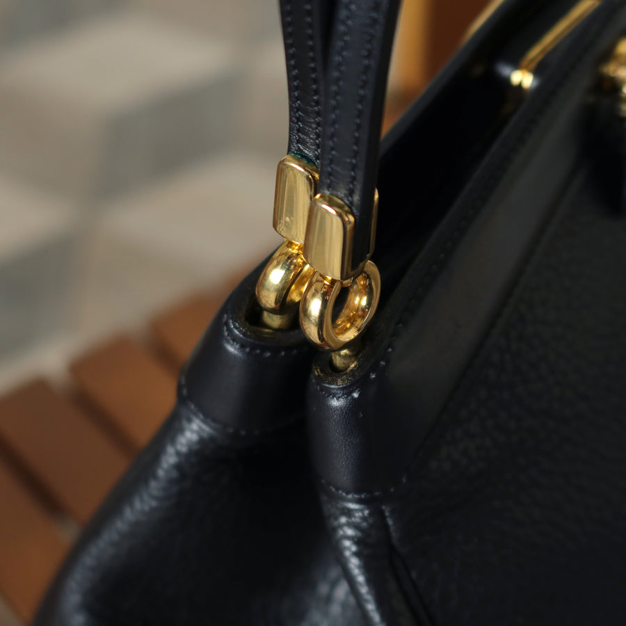 Rare Christian Dior Vintage Black Grained Leather Gold Turn lock 2way Shoulder Bag