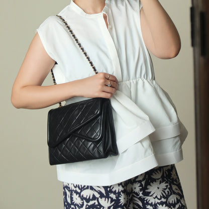 Chanel Vintage Black Matelasse Lambskin Asymmetrical Double Flap Bag with Tassel