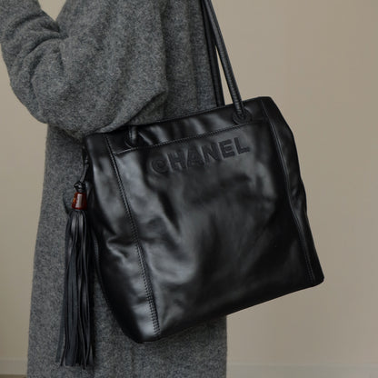 Chanel Vintage Black Leather CC Tassel Shoulder Tote Bag