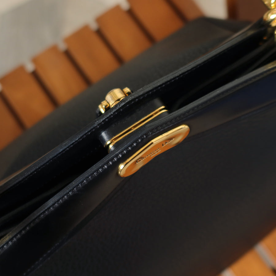 Rare Christian Dior Vintage Black Grained Leather Gold Turn lock 2way Shoulder Bag