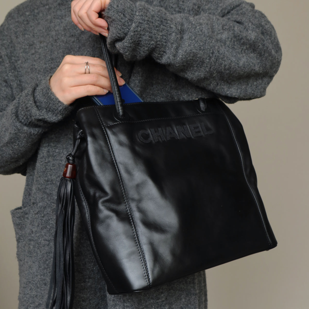 Chanel Vintage Black Leather CC Tassel Shoulder Tote Bag