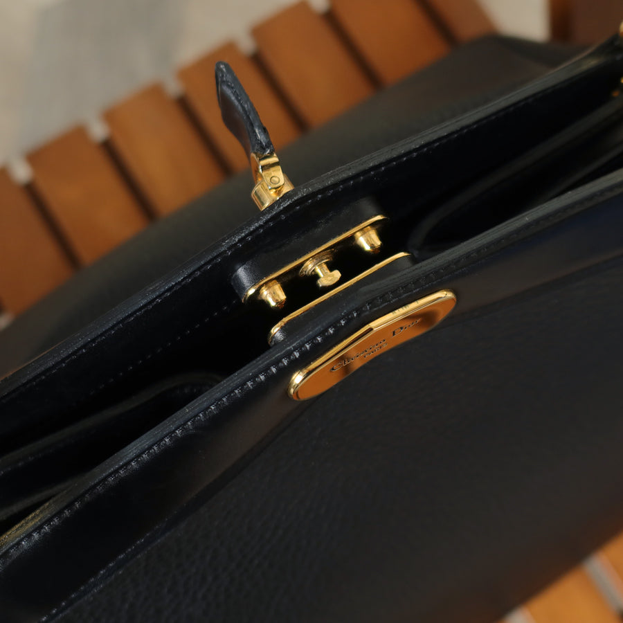 Rare Christian Dior Vintage Black Grained Leather Gold Turn lock 2way Shoulder Bag