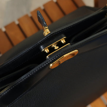 Rare Christian Dior Vintage Black Grained Leather Gold Turn lock 2way Shoulder Bag