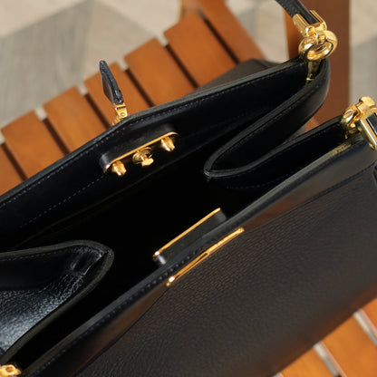Rare Christian Dior Vintage Black Grained Leather Gold Turn lock 2way Shoulder Bag