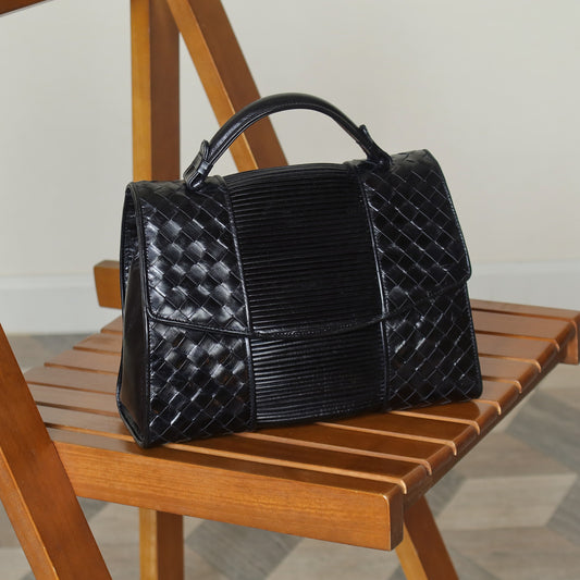 Bottega Veneta Vintage Black Glossy Leather Intrecciato Weave Top Handle Bag