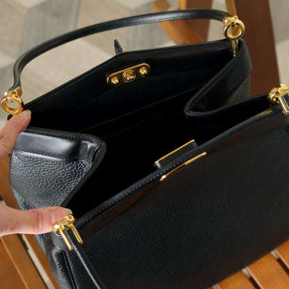 Rare Christian Dior Vintage Black Grained Leather Gold Turn lock 2way Shoulder Bag