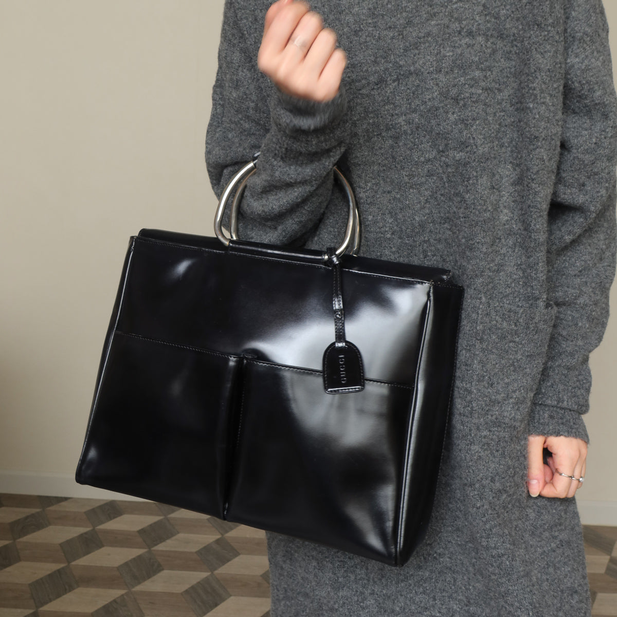 Gucci Vintage Black Patent Leather Ring Handles Travel Work Bag
