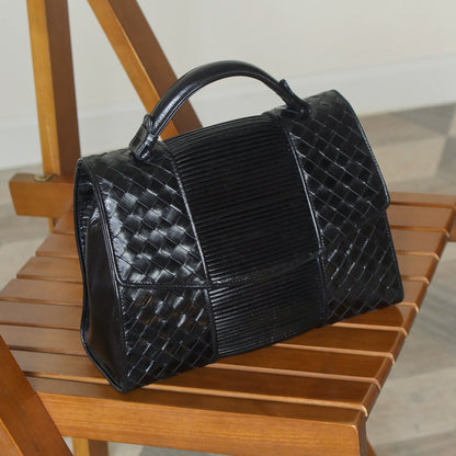 Bottega Veneta Vintage Black Glossy Leather Intrecciato Weave Top Handle Bag